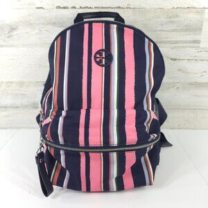 TORY BURCH TILDA STRIPED NYLON MEDIUM BACKPACK WITH ZIP CLOSURE NAVY BLUE PINK..